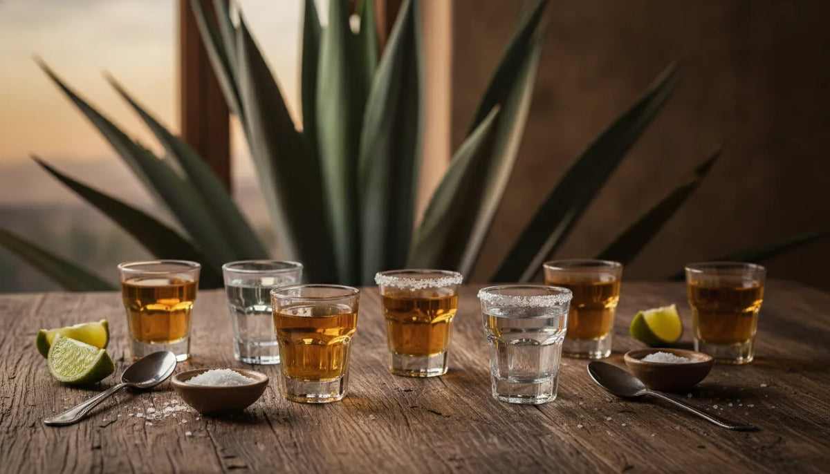 Premium tequila tasting scene with agave and tasting glasses
