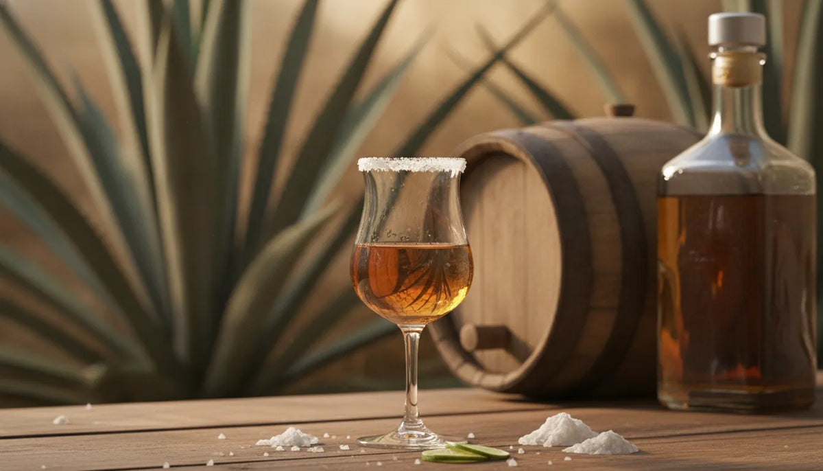 Aged tequila tasting glass with agave and oak barrel
