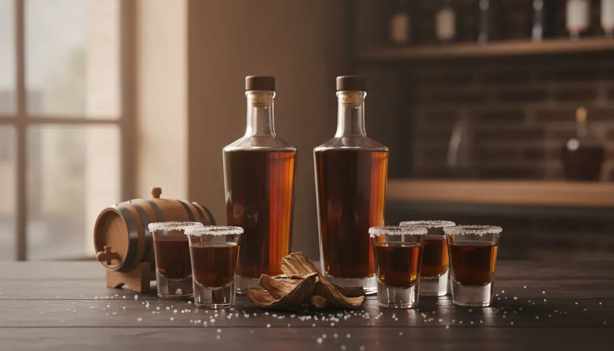 Lost Explorer tequila tasting setup with amber pours, oak, and agave