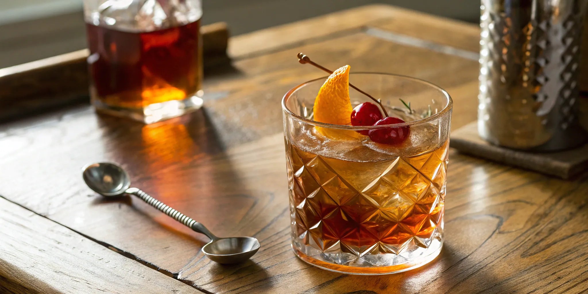 A tequila old fashioned in a rocks glass with an orange peel and cherry garnish.