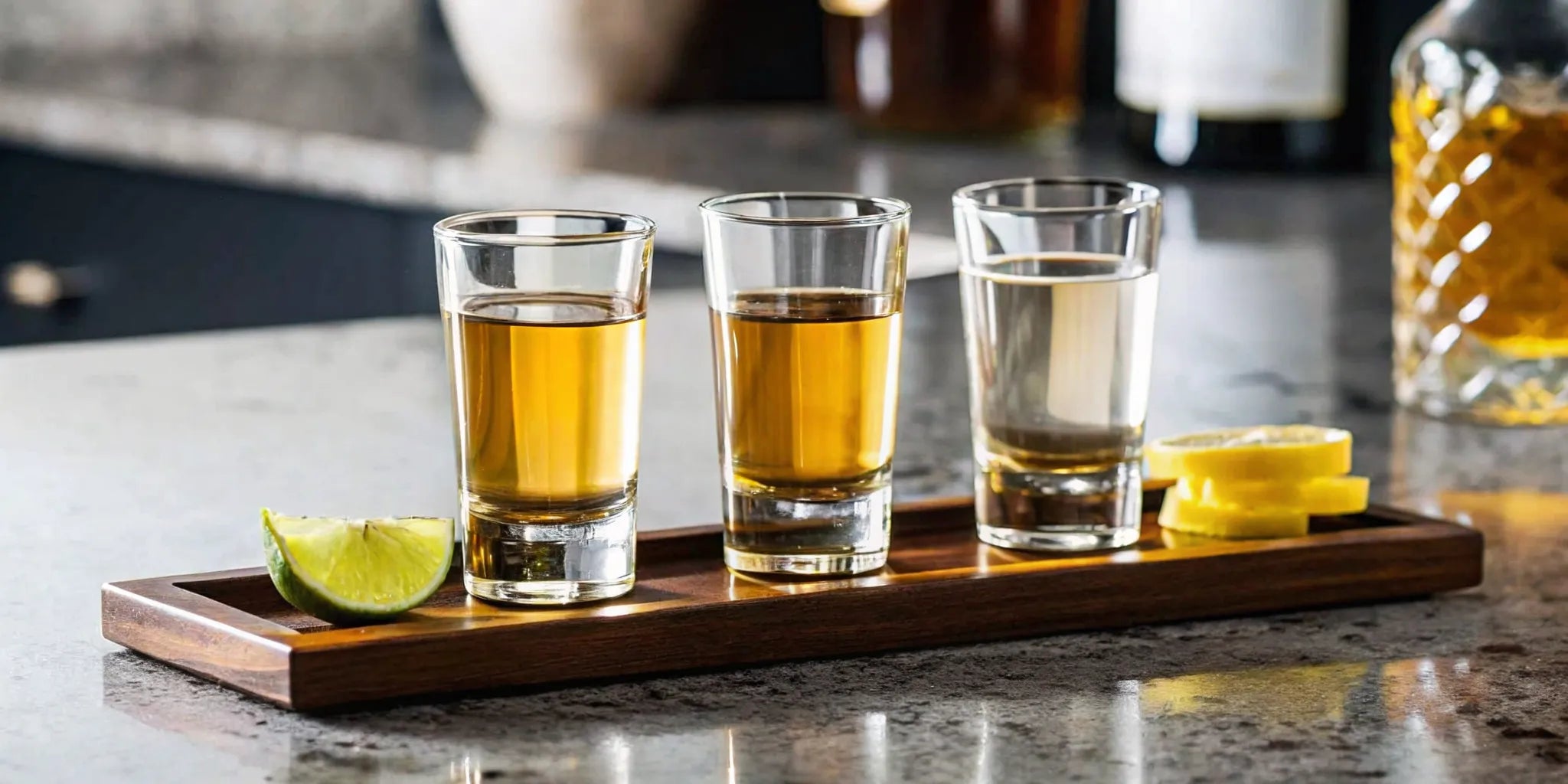 Premium tequila tasting flight arranged on a home table