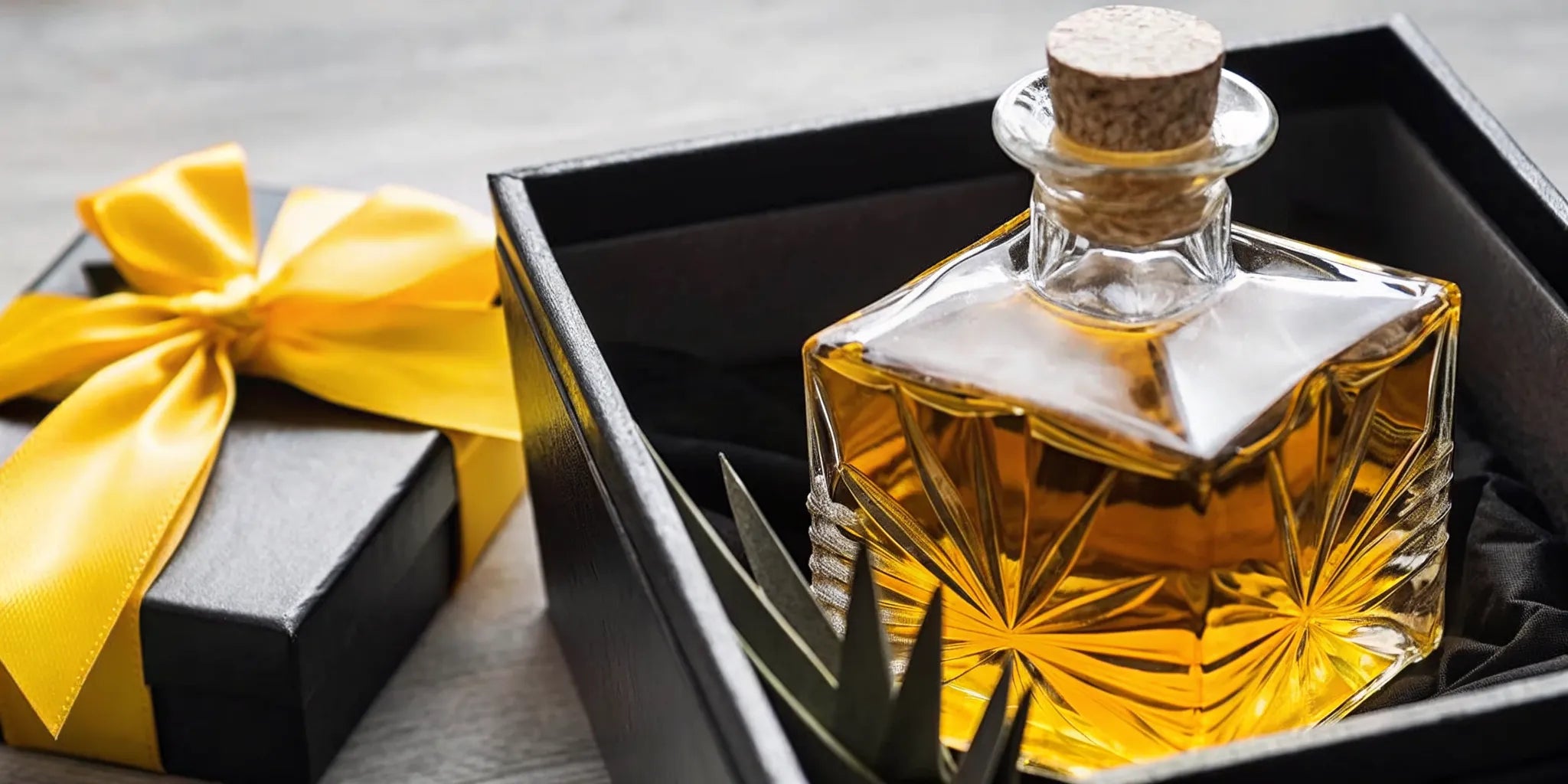 Send a bottle of tequila as a gift, presented in a gift box with a yellow ribbon.