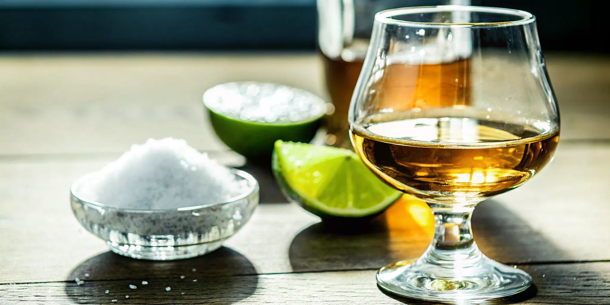 Tequila tasting setup with a crystal snifter of amber tequila, lime wedge, and salt on a wooden table with warm ambient lighting