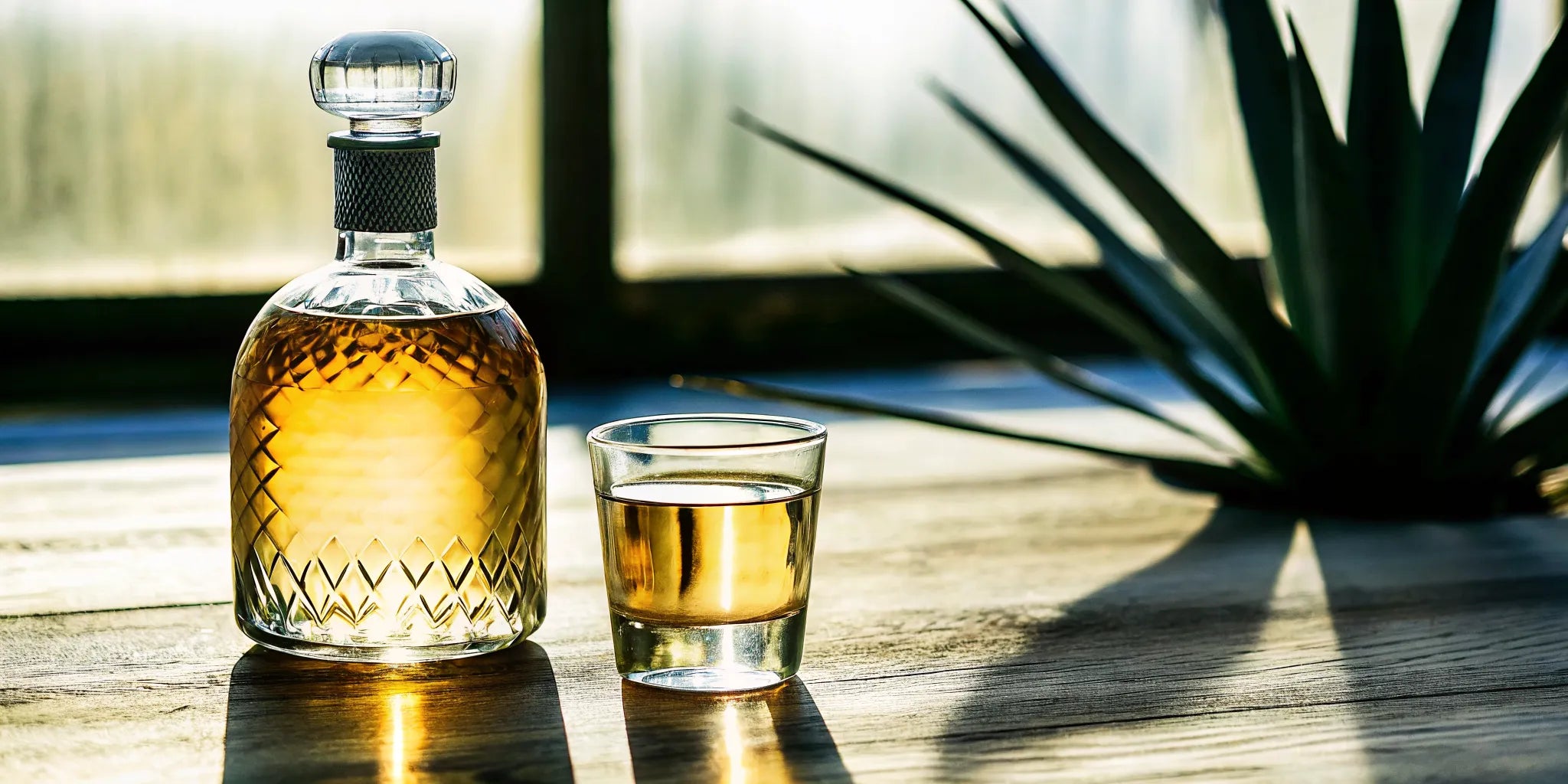 A premium bottle of Joven tequila next to a tasting glass on a wooden bar