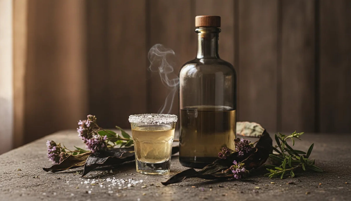 Artisanal mezcal tasting glass and unbranded bottle with roasted agave on a stone table