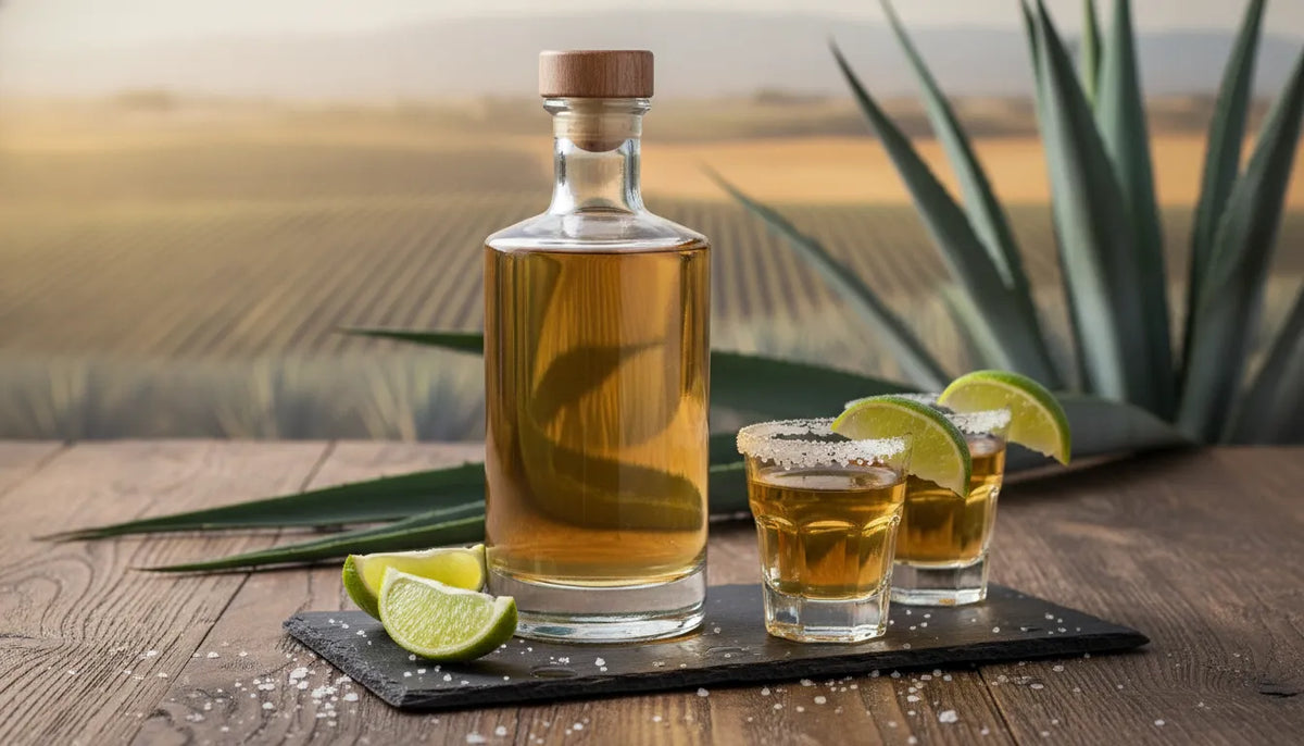 Premium tequila tasting scene with agave leaves and warm highland light