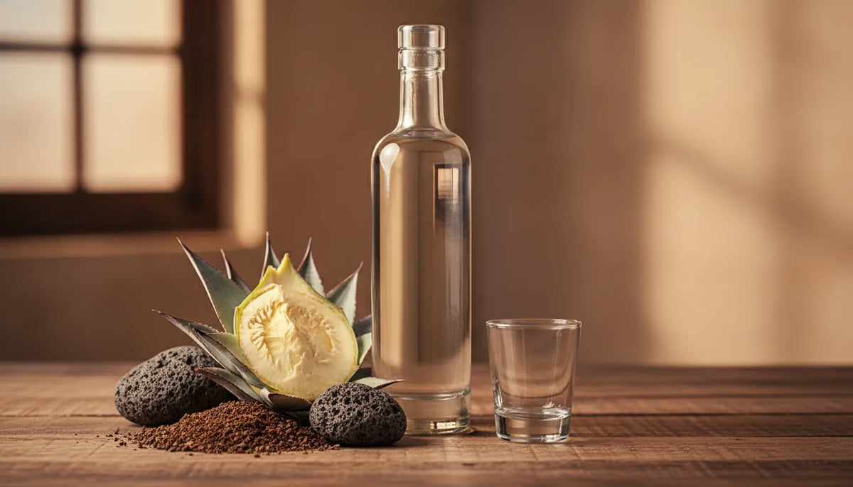 Premium blanco tequila with blue Weber agave and tasting glass