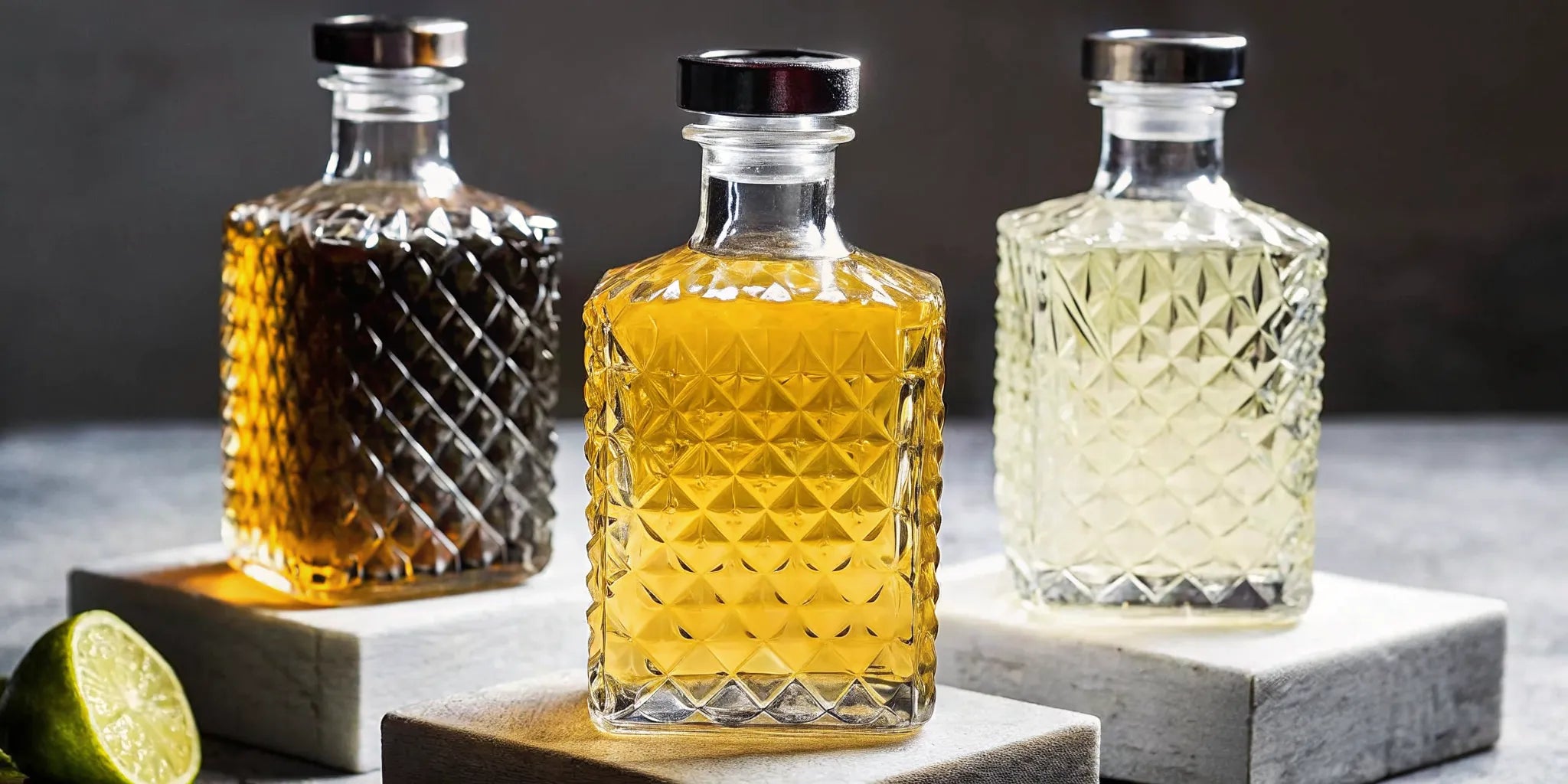 A selection of three overproof blanco tequila bottles for delivery.