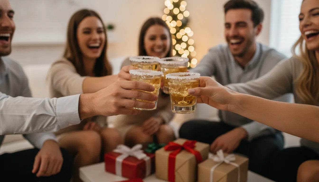 Friends toasting with tequila in a bright living room during a festive gathering