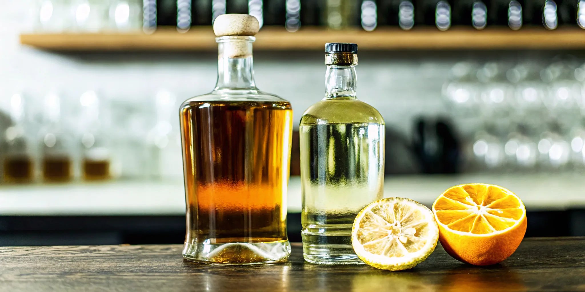 Artisanal Raicilla and Mezcal bottles side-by-side in a rustic cellar setting