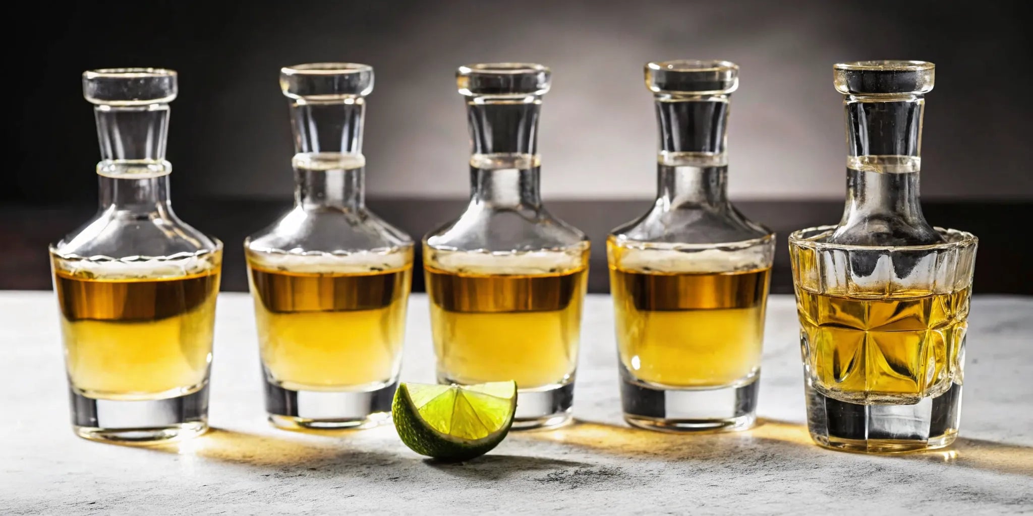Five glasses of still strength blanco tequila ready for a review.