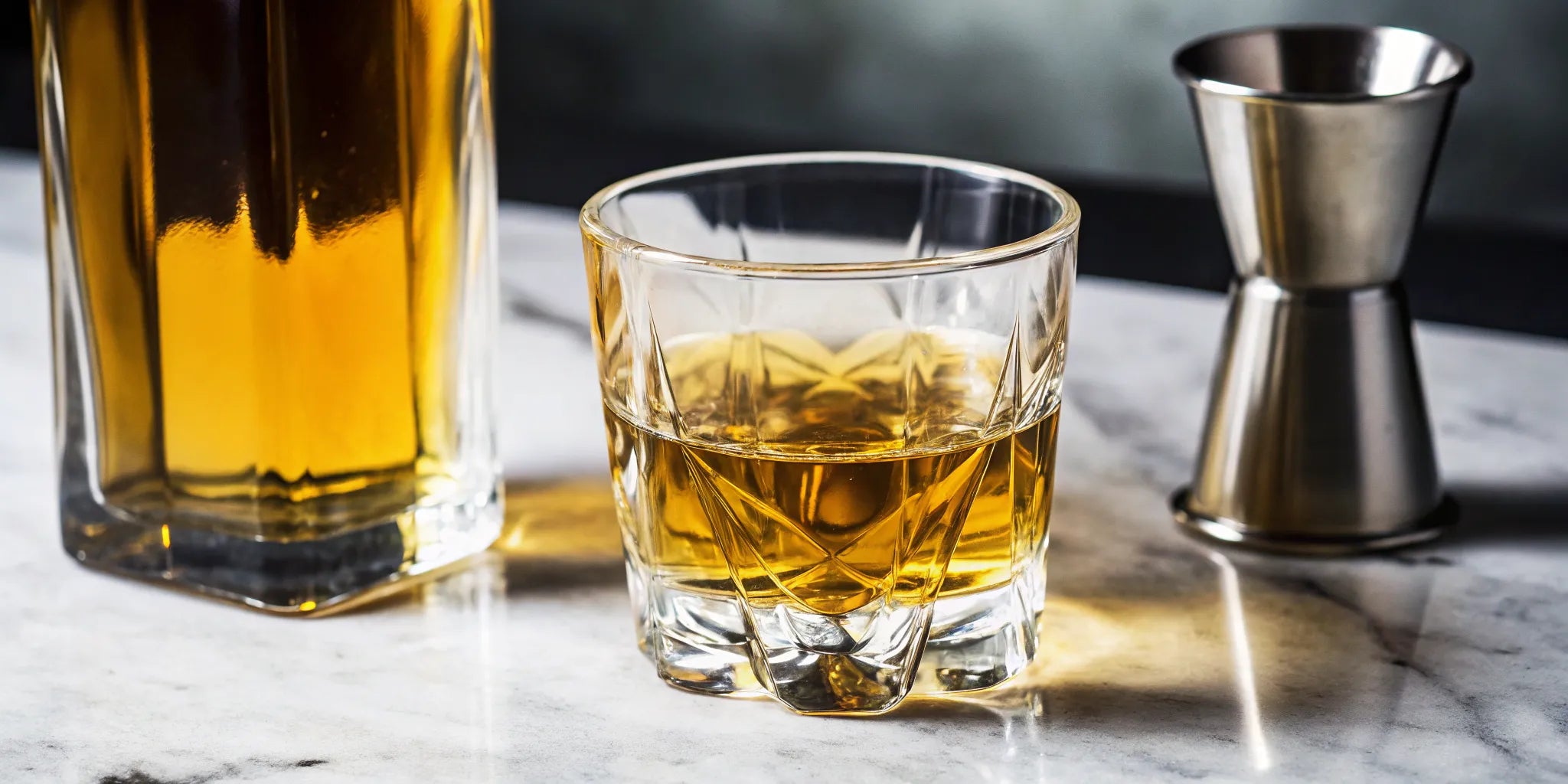 Golden tequila in a glass and bottle, with a jigger to measure alcohol content.