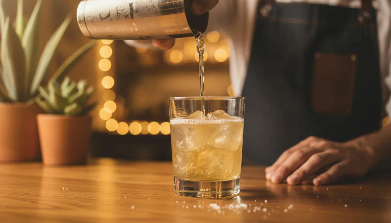 Bartender pouring a tequila cocktail at a warm wooden bar with blurred agave plants in the background