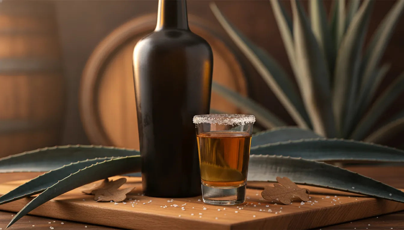 Tequila tasting scene with agave spirit and oak
