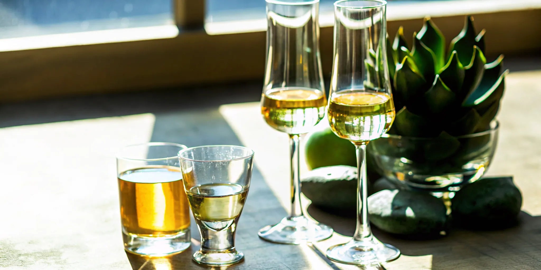 Five styles of tequila glassware arranged for a tasting