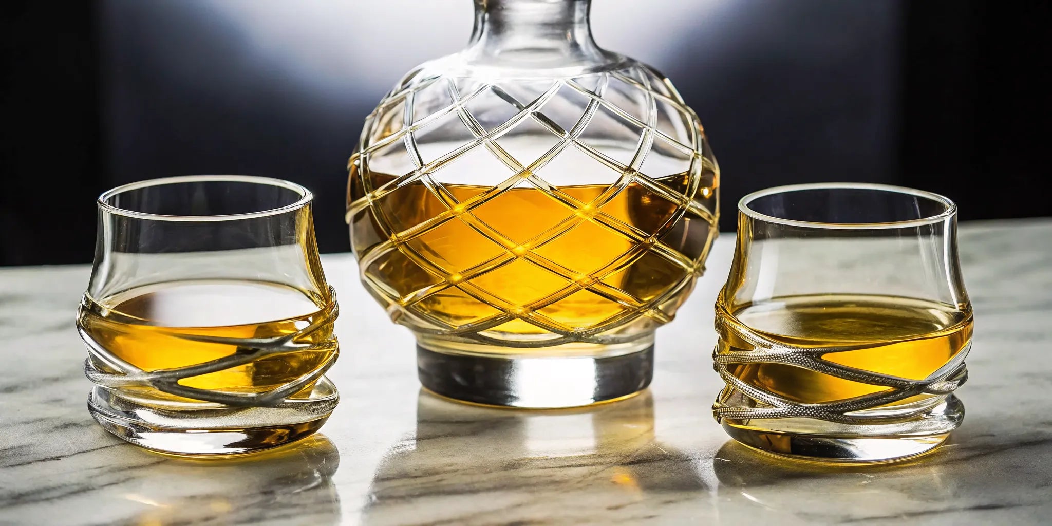 Ultra premium Tequila Ley .925 in its luxury decanter with two sipping glasses.