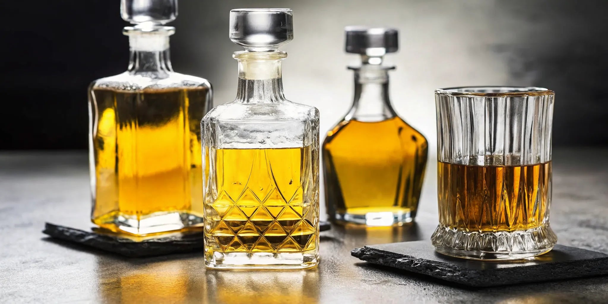 A collection of hard to find tequila in crystal decanters and a tasting glass.