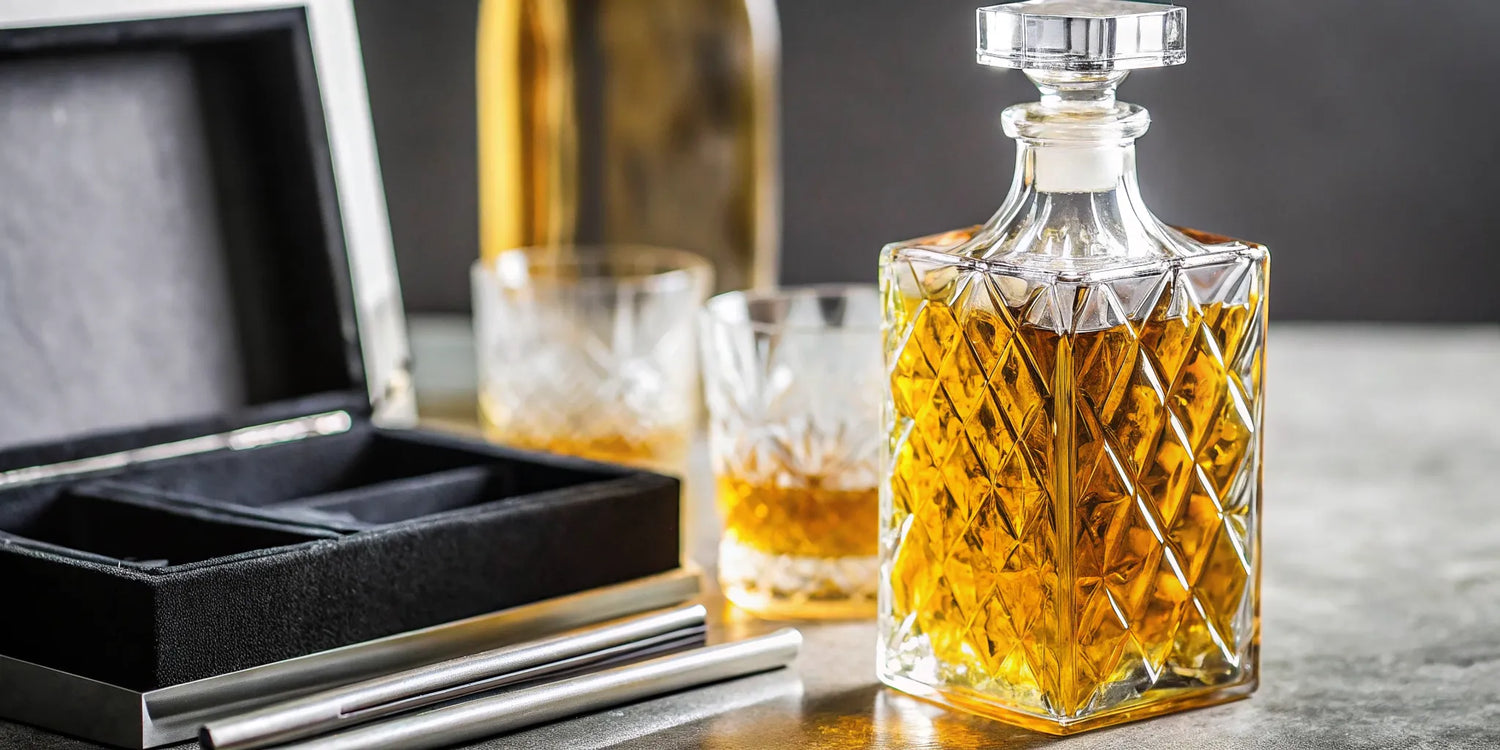 A decanter and glass of rare tequila from a specialty delivery service.