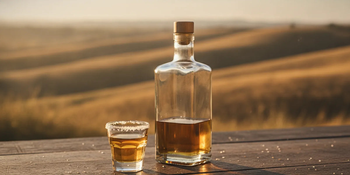 Unbranded tequila bottle and tasting glass on a warm-toned table beside a field landscape