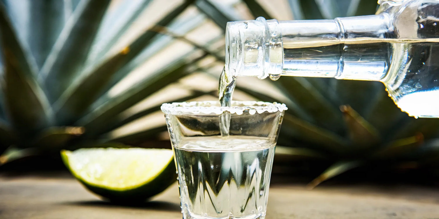 Pouring tequila into a glass with agave plants in the background, clean and pure aesthetic