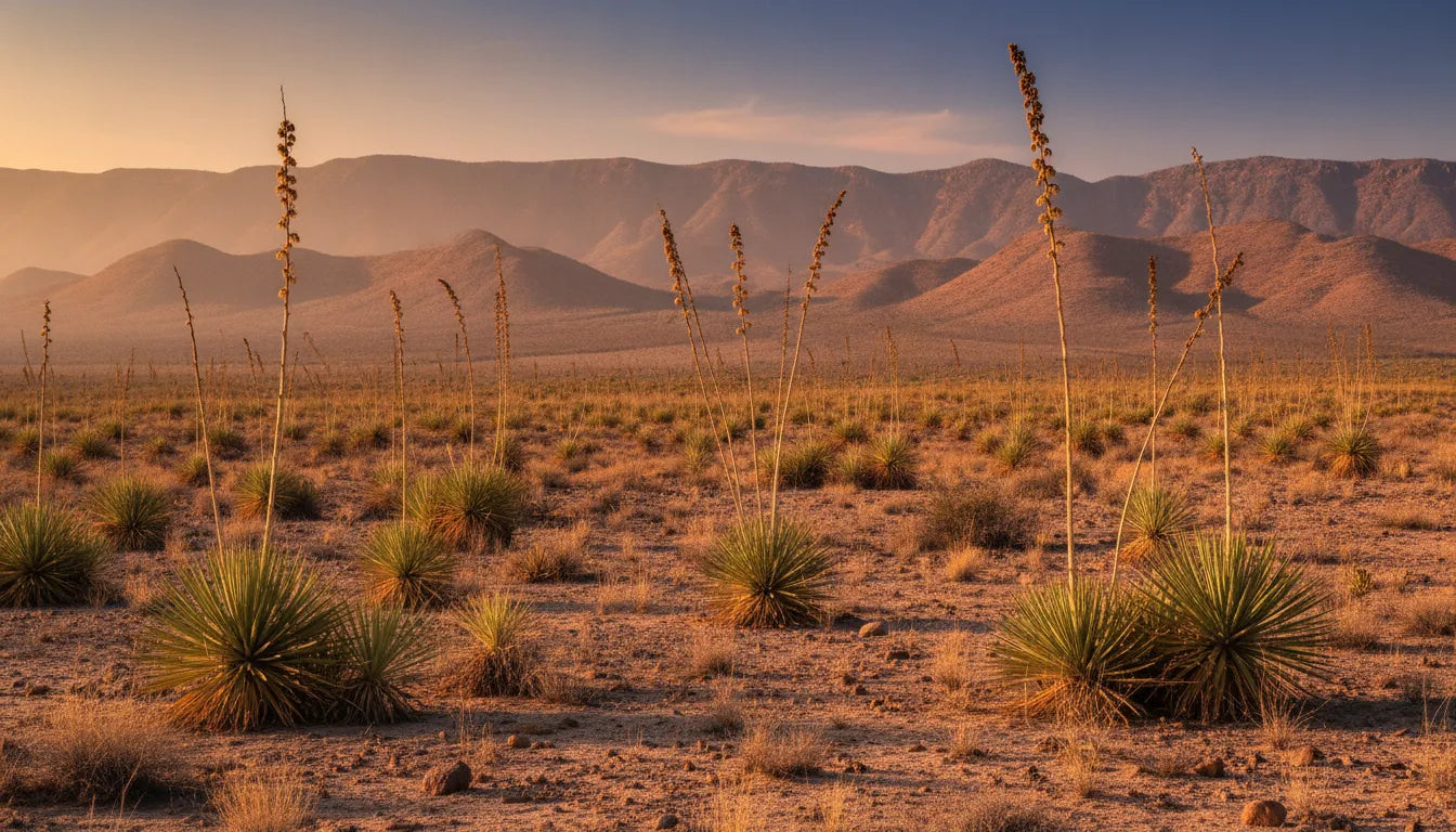 Wild dasylirion sotol plants on the desert slopes of Chihuahua at golden hour