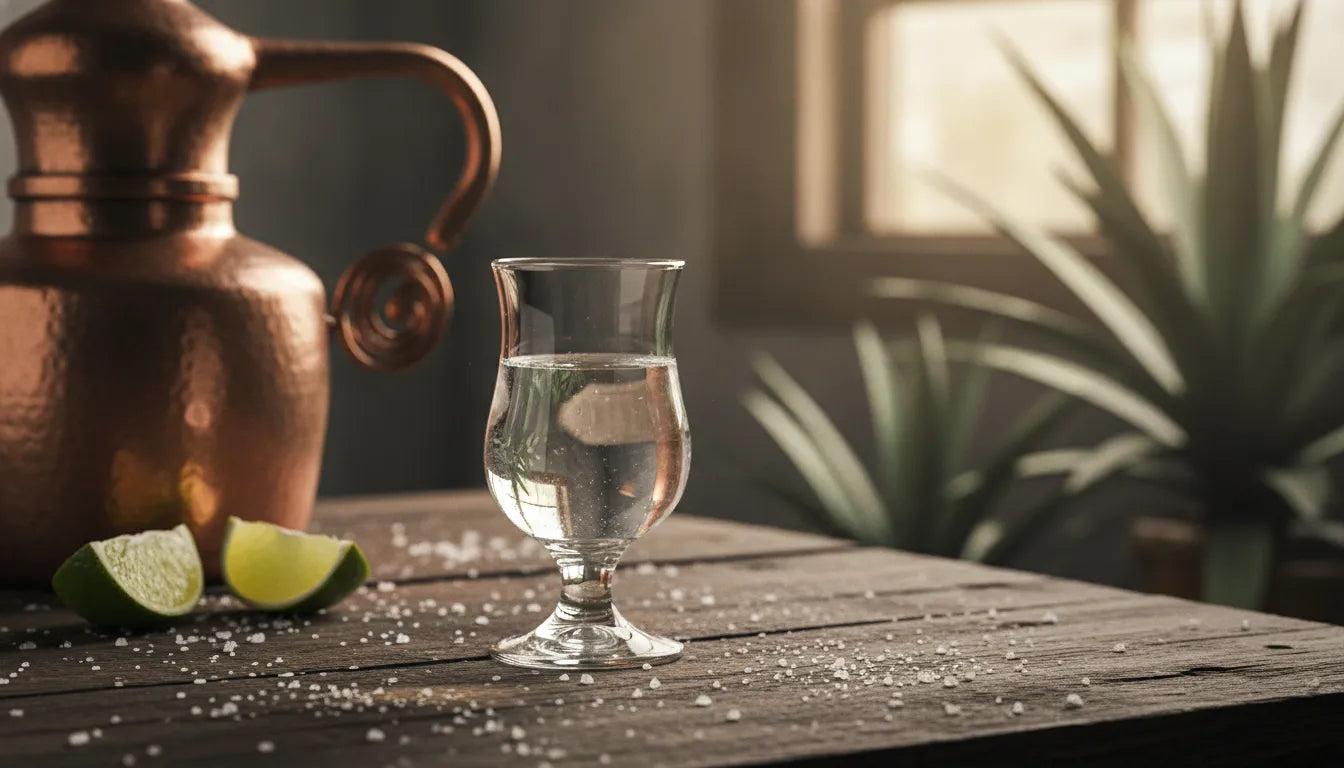 Still strength tequila in a tasting glass beside a copper still