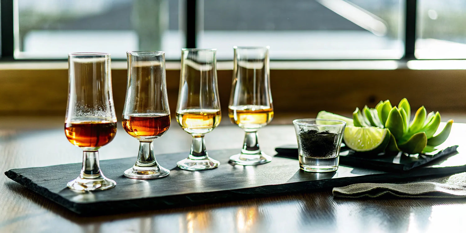 A flight of four tequilas served with lime and salt at a Fort Wayne bar.