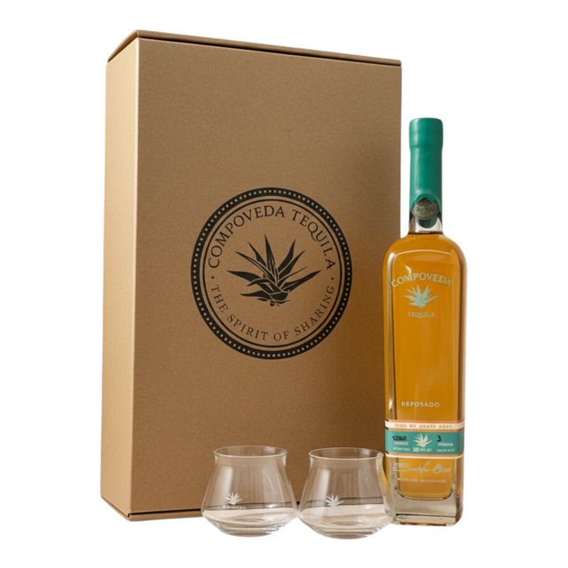 Compoveda Reposado Tequila with Etched Tasting Glasses and Gift Box