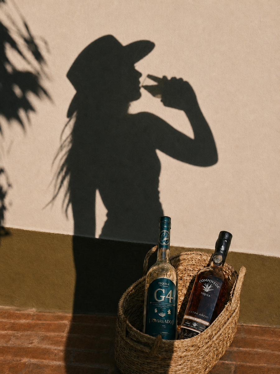 Shadow of a slow sip above a basket of G4 and Compoveda tequila