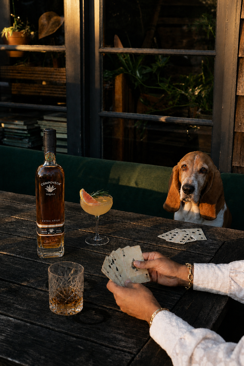 A round of cards over Compoveda Extra Añejo, basset hound included