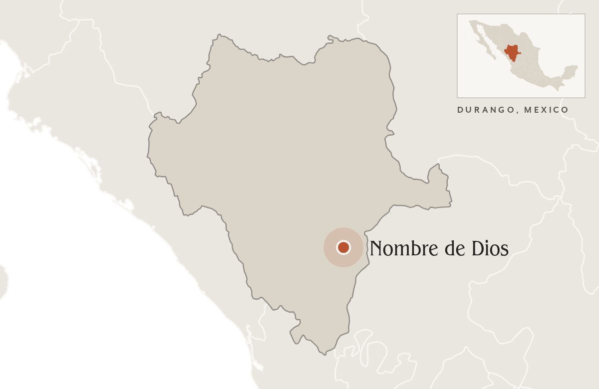 Map of Durango, Mexico, with Nombre de Dios marked